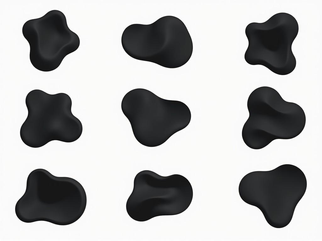 The image features a grid of nine organic shapes in varying forms and sizes. Each shape is rendered in a matte black color against a clean white background. The design showcases a modern and minimalist aesthetic. The shapes appear to have a three-dimensional quality, suggesting depth and volume. This arrangement could serve as a stylish reference for graphic designers or artists.