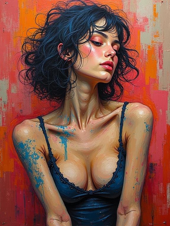 Emotional abstraction featuring a nude woman with an expressive pose. Blended acrylic and oil style with vibrant colors. The artwork focuses on the upper body and face with clear brush textures.