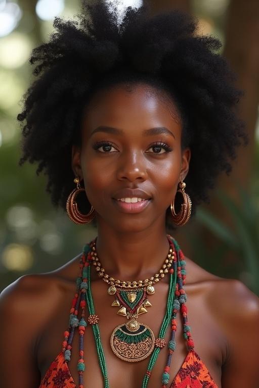 Portrait of a woman with mixed heritage showcasing natural beauty and cultural attire. Captivating expression and rich jewelry details on display.
