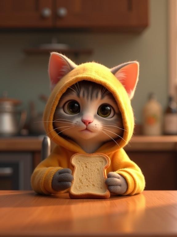 Pixar-style 3D character of a cat styled in a hoodie is situated at a wooden table in a kitchen. The cat has a deadpan expression while clutching a plain slice of toast. The ambiance is warm with soft lighting, featuring a slightly cluttered background and realistic textures.