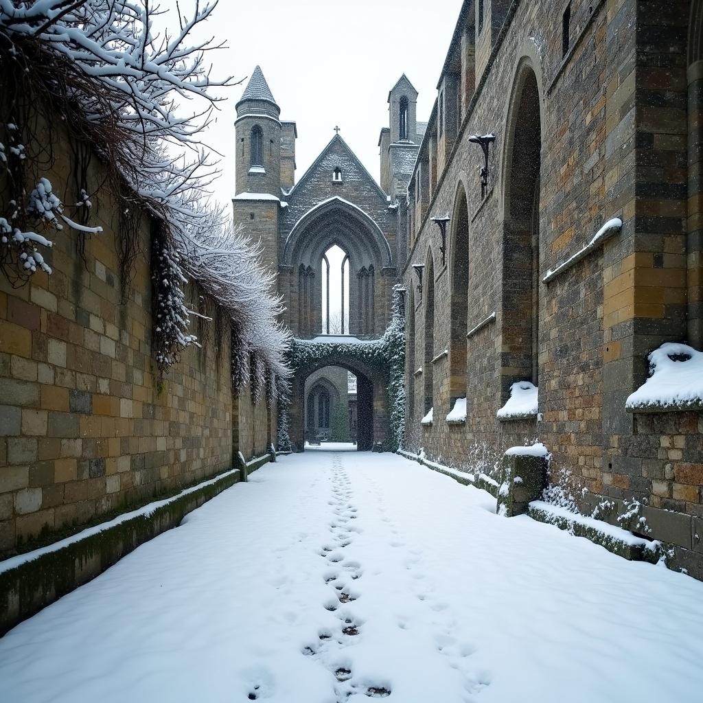 Historic St Dunstan's in the East in London covered by snow. Pathway leads through an archway to a garden. Snow blankets the walls and ground.