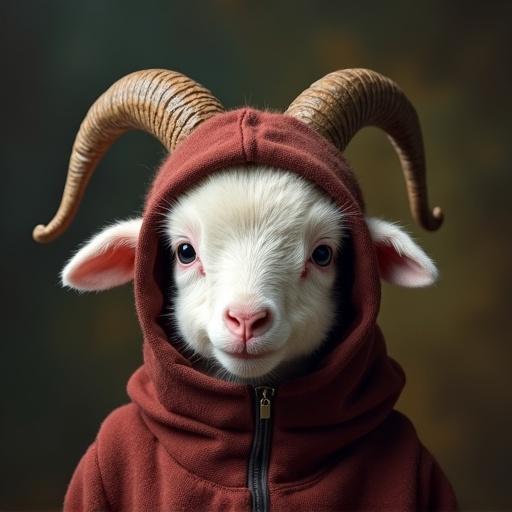 Image features a small lamb wearing a hood resembling villainous headgear. The lamb's face shows innocence but with a hint of mischief. It has curvy horns and the background is dark, creating a dramatic look.