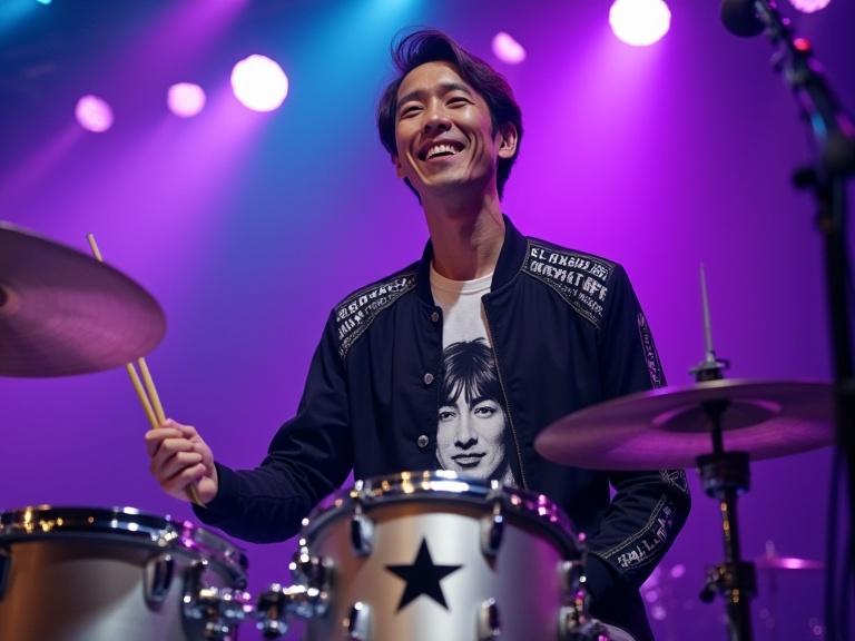 Lively scene of a male drummer performing on stage. He plays a silver drum kit and wears a stylish black jacket. The background features vibrant purple and blue stage lighting. His expression shows joy and passion for music. Drumming action is captured with motion blur on the drumsticks. Reflections are seen on the drums surfaces. Audience silhouettes are blurred in the background. A microphone stand is nearby.