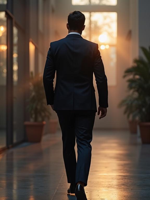A man dressed in a dark suit walks in a bright ambience. The background features silhouettes of plants and warm sunlight streaming through the windows. He is in a modern corporate setting.
