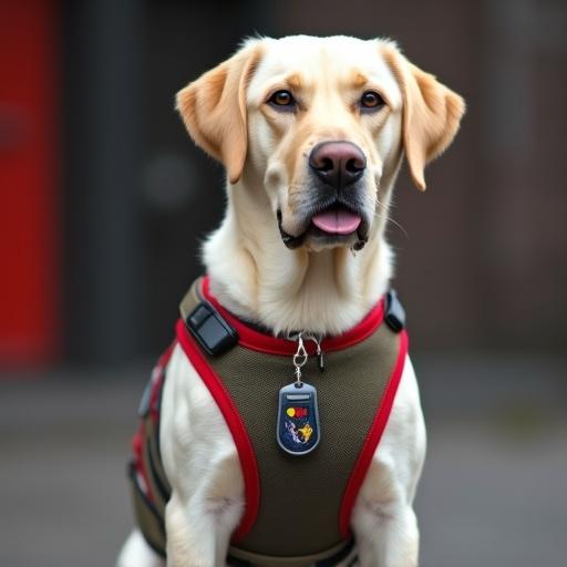 A Labrador retriever is wearing a service dog vest and an ID tag. The dog appears confident and alert in the setting.