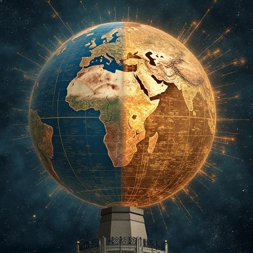 A globe shows the continents of Europe and Africa. The globe is half covered in blue and the other half in golden textures. Light beams are radiating outward. Background resembles a starry sky. Themes relate to science verifying religious texts.
