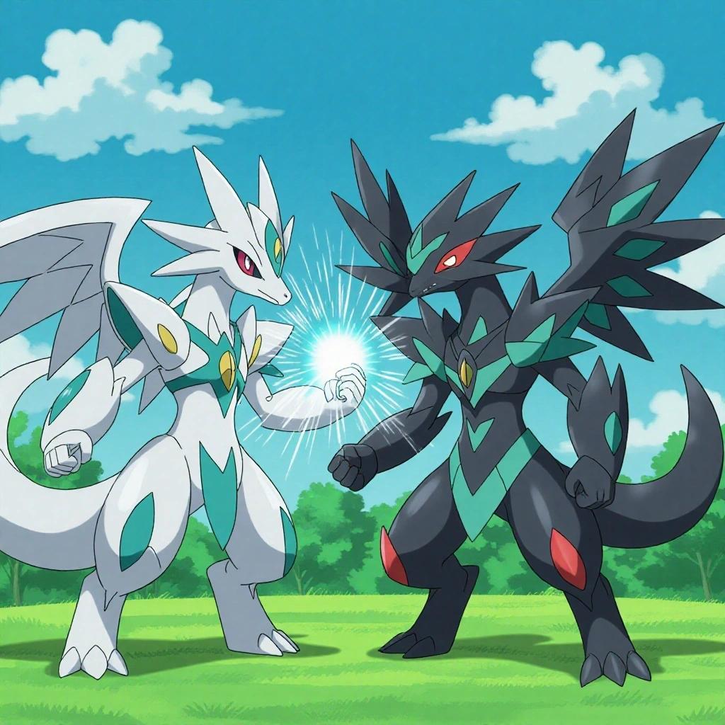 The Pokemon Reshiram and Zekrom engage in a fierce battle. Reshiram is white with wings while Zekrom is black with prominent features. The background is a bright, clear day.
