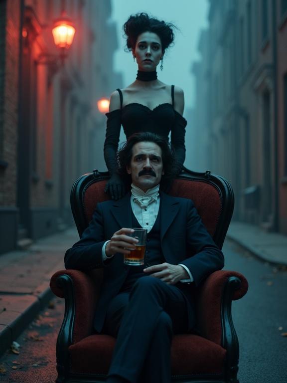 Photo of Edgar Allan Poe sitting in a gothic chair with a whiskey glass. A young woman with a pale face and black Victorian hair stands behind him. The street is narrow and foggy. Colors are muted red, blue, and gray. Captured in an ultra realistic style.