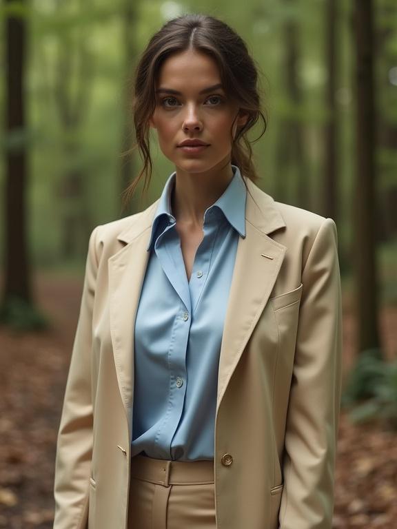 Photography of woman wearing beige satin business suit and light blue satin shirt in muddy forest