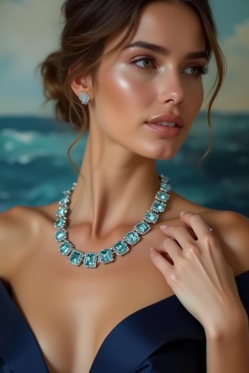 Generate an image of a female model wearing a platinum tennis necklace. The necklace features 45 square cushion-cut aquamarines. Model has flawless skin and is wearing a navy silk gown. Pose shows the necklace clearly. Background is a blurred gallery with ocean paintings. Lighting is dramatic with soft fill.