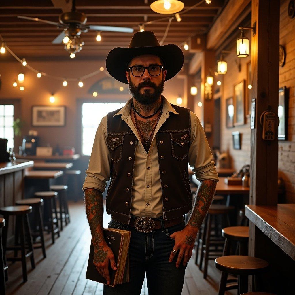 A hipster cowboy with tattoos enters a saloon while holding a book. The setting appears cozy and rustic. Warm light fixtures brighten the room.