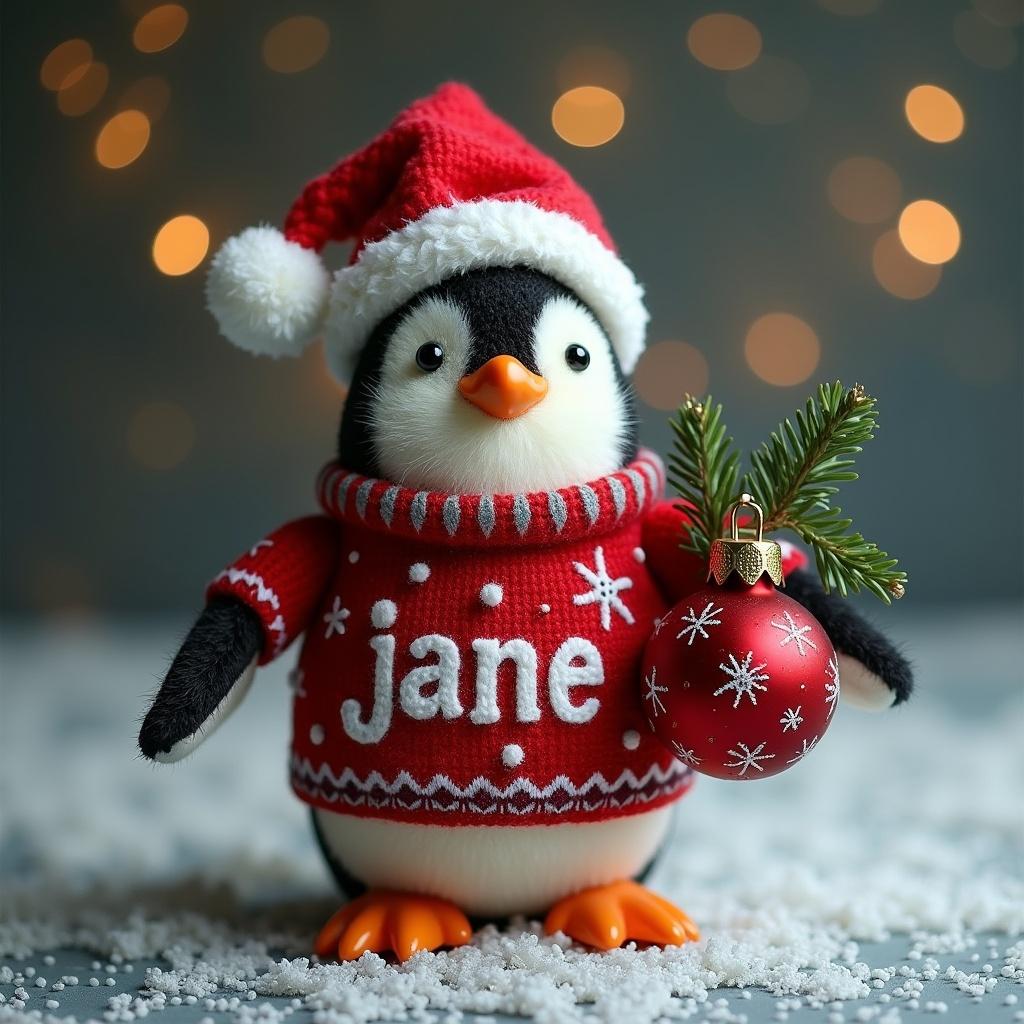 Penguin wearing a Christmas jumper. Penguin holding a bauble. Bauble has the name jane. Background is festive with lights. Snow effect on the ground.