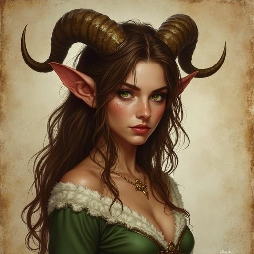 Portrait of a faun woman with horns and brown hair. She has green eyes and a fighter's look. Background fades into worn parchment paper at the edges. Digital art in the style of Antonio J. Manzanedo. Depicts semirealistic fantasy with medieval themes.