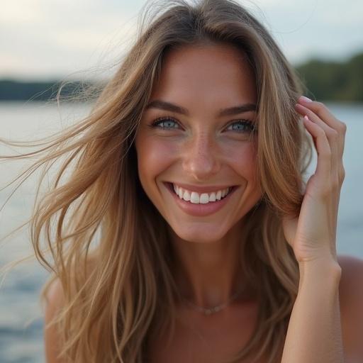 Cute supermodel laughing hand fixing hair wind blowing from left eyes looking at viewer blinking nodding head
