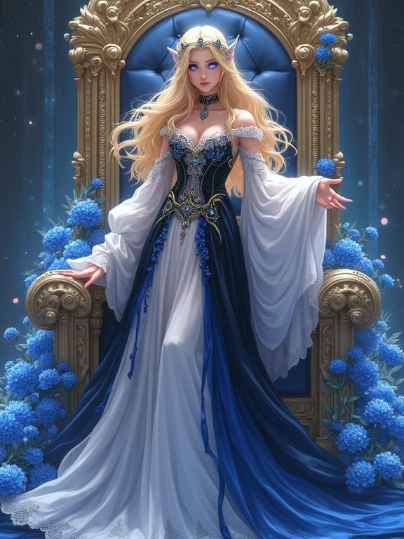 A regal elf queen rises from an ornate throne. Her golden hair flows gently as she stands tall. Her intricate white and black dress sways softly with movement. Blue flowers bloom around her. She looks forward with calm authority. Violet eyes glow faintly. Camera follows her upward movement with a slow vertical pan and slight orbit. Magical particles float in the air. A subtle breeze lifts the gown's edges.