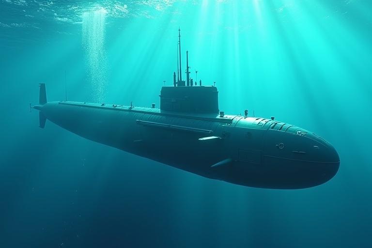 3D underwater scene featuring DRDO-developed submarine defense system with torpedoes and sensors. Bright crystal-clear ocean waters with vibrant blues and greens. Rendered in ultra-HD 4K and 16:9 ratio, showcasing submarine technology.