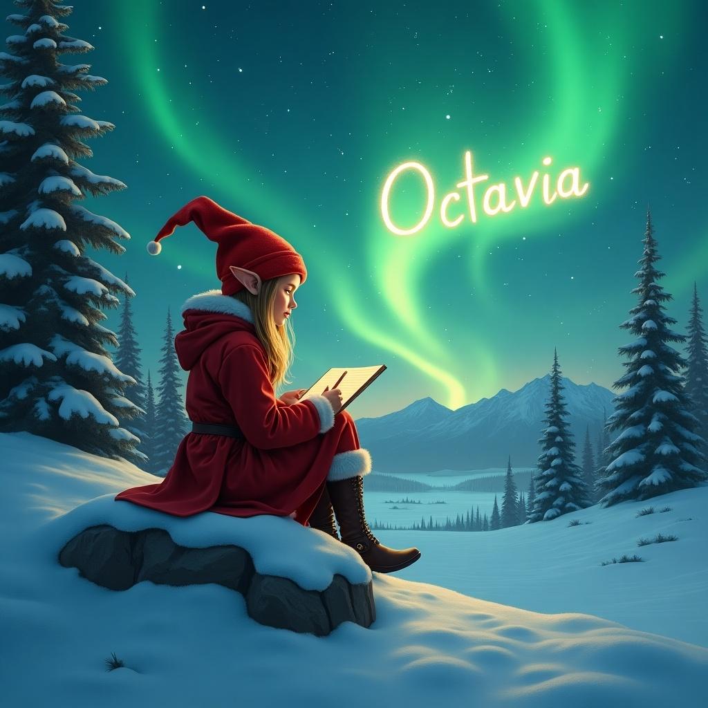 Enchanted image of young female elf in red attire writing name illuminated by northern lights. Snow-covered rock in tranquil winter setting. Trees and mountains in background. Aurora lights creating dreamlike atmosphere.