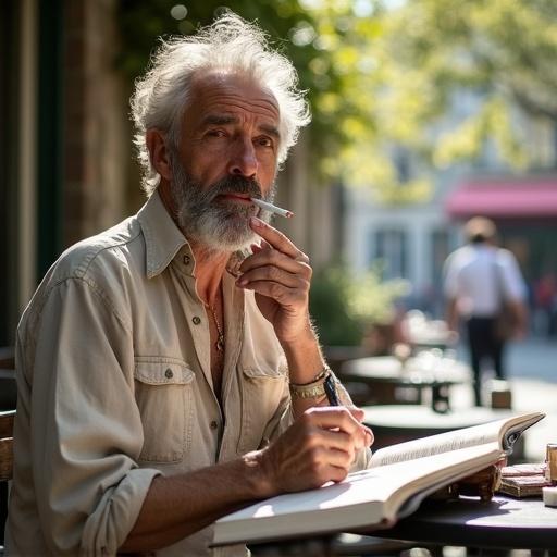 A 60-year-old French artist smokes a cigarette while sketching at a café terrace. Gray stubble dots his jawline. Paint stains cover his fingertips. Linen shirt unbuttoned reveals a weathered pendant. Dappled sunlight creates patterns on his notebook.