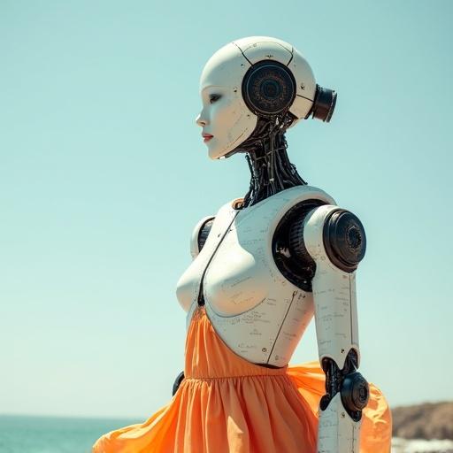 Faceless female android with industrial print text on mechanical parts. White body with orange accents. Wearing flowing summer dress in strong wind. Outgoing and serene pose during a professional photoshoot at beautiful locations.