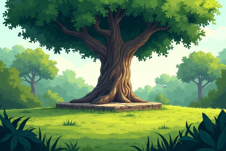 Create an image of a jungle scene with a large banyan tree as the central focus. Draw from a slight distance. Beneath the tree is a stone platform. The ground is covered in lush green grass. Small shrubs scatter across the area. Several trees appear in the background. The time is early morning, and the atmosphere feels fresh and calm. Draw in a 1980s classic cartoon style with sharp lines, expressive features, and vibrant colors. The background should be richly detailed with a retro aesthetic.