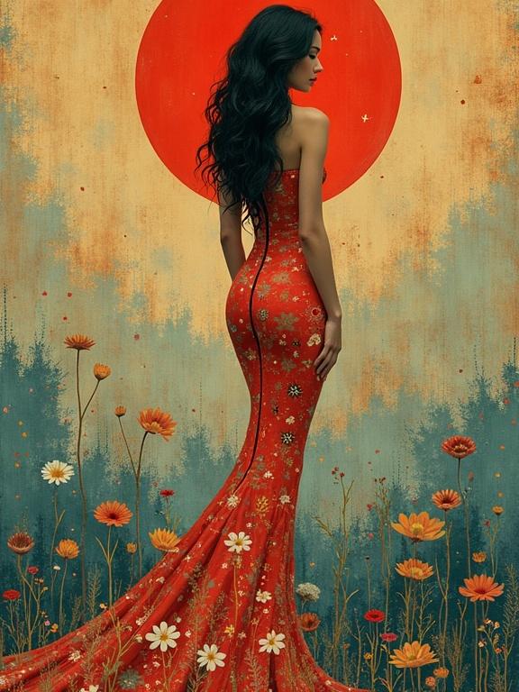 A woman wearing a fitted red gown with floral patterns. The gown has a long train. Background features a large orange sun and a field of flowers. The artwork has a minimalist approach.