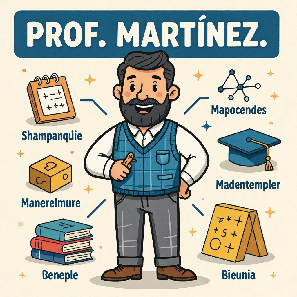 Create a caricature action figure of a math teacher named 'PROF. MARTÍNEZ'. Use a cartoonish style with realistic details. The character wears a blue vest, white shirt, dark gray pants, and brown shoes. The expression is friendly with a wide smile looking directly ahead. The background shows a chalkboard with formulas and a simple bar graph. The character holds a compass instead of a marker. The chalkboard decor includes a calculator and protractor. Text says 'Inspiring love for mathematics', and 'Math Teacher'. Books shown are 'ALgebra', 'Geometry', and 'Statistics'. Box colors are blue and orange, with a white background.