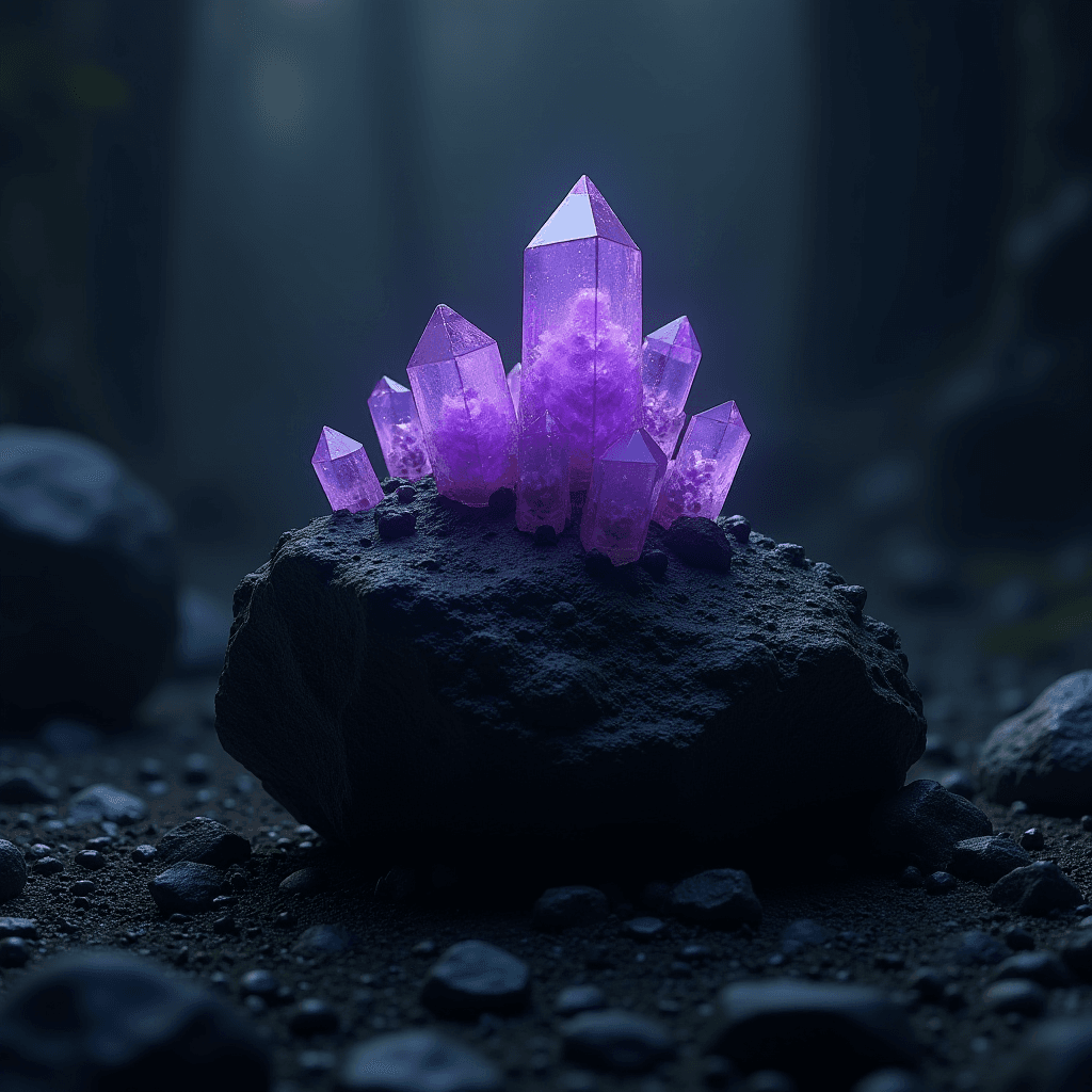 Luminescent purple crystals grow from a rock amidst a shadowy forest floor.