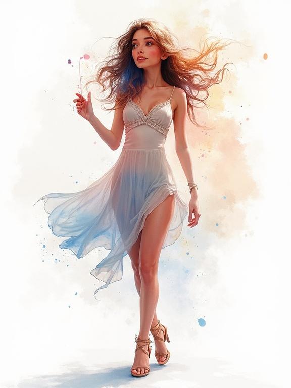 A delicate figure of a woman in a flowing dress walking gracefully. Watercolor techniques create a soft background with splashes of color. Evocative and cinematic style with an emphasis on beauty and elegance.