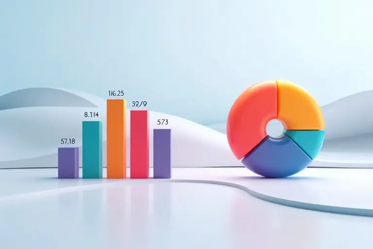 Clean modern infographic layout with bar charts and pie chart. Vertical bar charts on left with values 16.25, 39.98, 8.14, 5.73, and 59.18. Unique colors for each bar. 3D pie chart on right with same color sections. Subtle animated background with flowing waves. Ideal for business presentation.