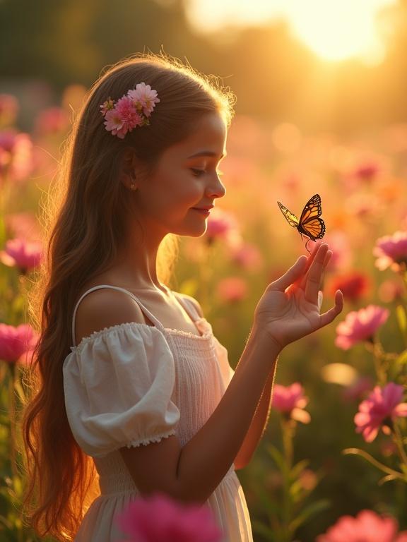 Young girl in flower garden at sunset. Girl holds butterfly on fingers. She smiles softly at butterfly. Flower garden glows in warm sunlight. Atmosphere is serene and magical. Ultra-realistic with high detail.