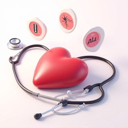 Isometric 3D illustration showing a stethoscope wrapping around a heart with floating icons of body temperature heart rate and blood pressure with soft shadows