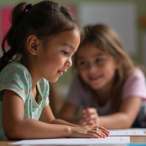 Mixed girl counting toes of classmate at a table during a learning activity. Focus on joy and friendship.