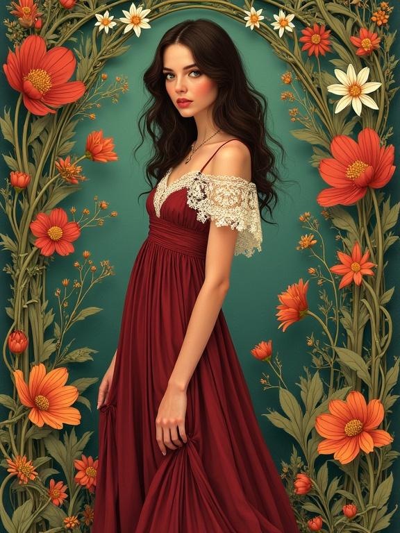 A captivating woman stands in a lush garden. She has wavy dark brown hair and rich green eyes. She wears a flowing burgundy dress with white lace embellishments. The background features vibrant flowers and foliage. Soft warm light highlights the delicate details. Her posture is graceful and gaze direct.