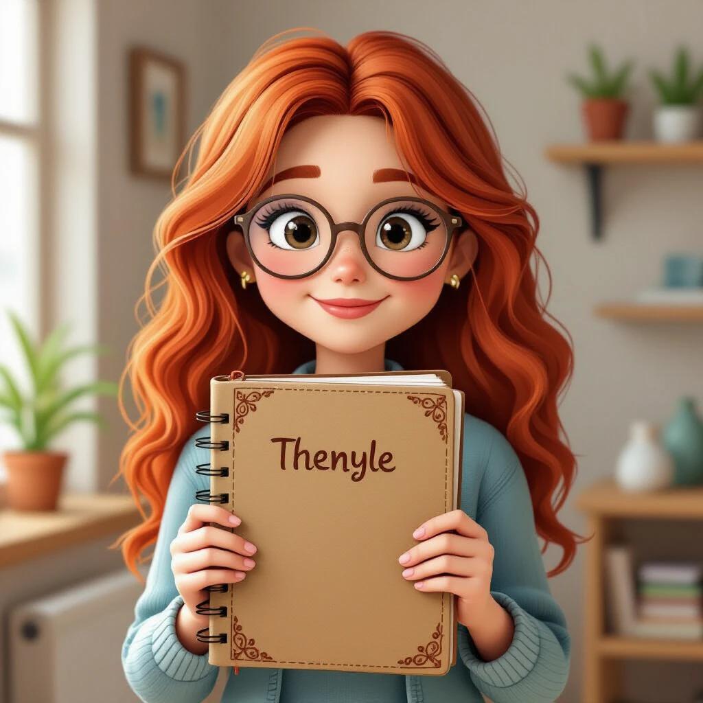 3D illustration of a girl with red hair wearing glasses. She holds a personalized handcrafted notebook. The notebook has decorative stitching and her name on the cover. The scene highlights the artisanal quality and exclusivity of the object. The girl displays pride and happiness with her notebook.