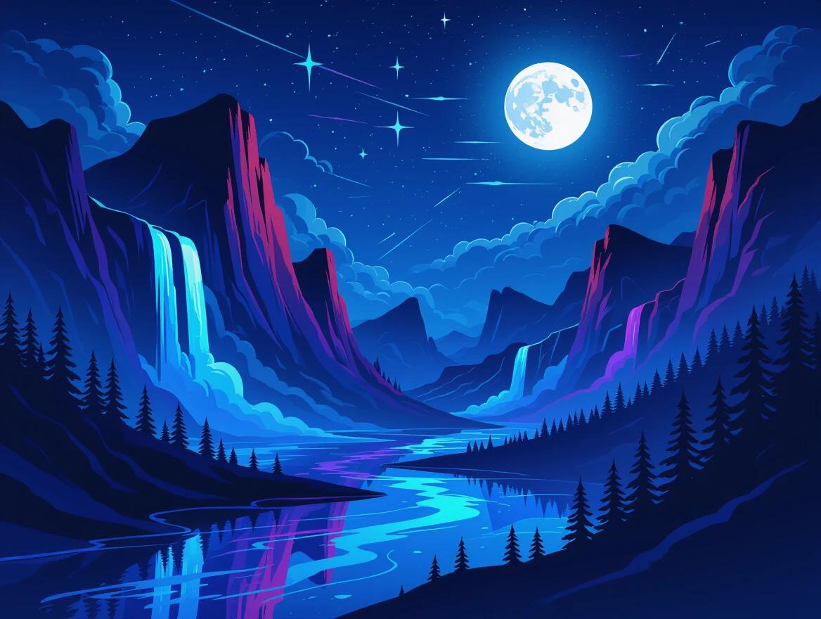 Surreal nighttime landscape with filling colors in glistening ink. Bright moon glowing in indigo sky. Waterfalls and mountains brightly colored in violet. Reflections shimmering in inky lakes. Abstract stars streaking across the night. Dreamlike atmosphere with deep shadows and bright ink trails. Night landscape following rule of thirds layout.
