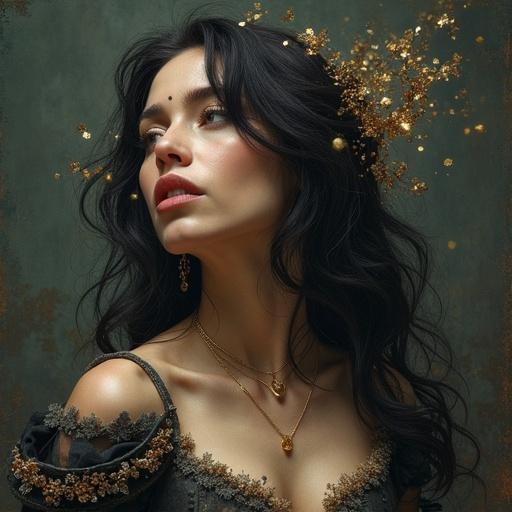Portrait of a woman with lush dark hair and golden accents in a soft green background, wearing elegant jewelry and exquisite attire. The atmosphere evokes elegance and sophistication.