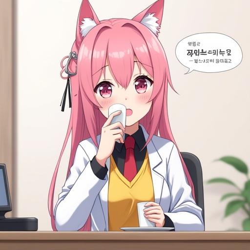 Anime girl with pink hair and pink eyes sipping coffee at a desk in an office. She wears a yellow dress, white lab coat, black shirt with red tie. Looks surprised and glances to the right. Chat bubble with Korean text. Minimalistic background. Light, playful mood in anime style. Cat-like ears, heart-shaped face.