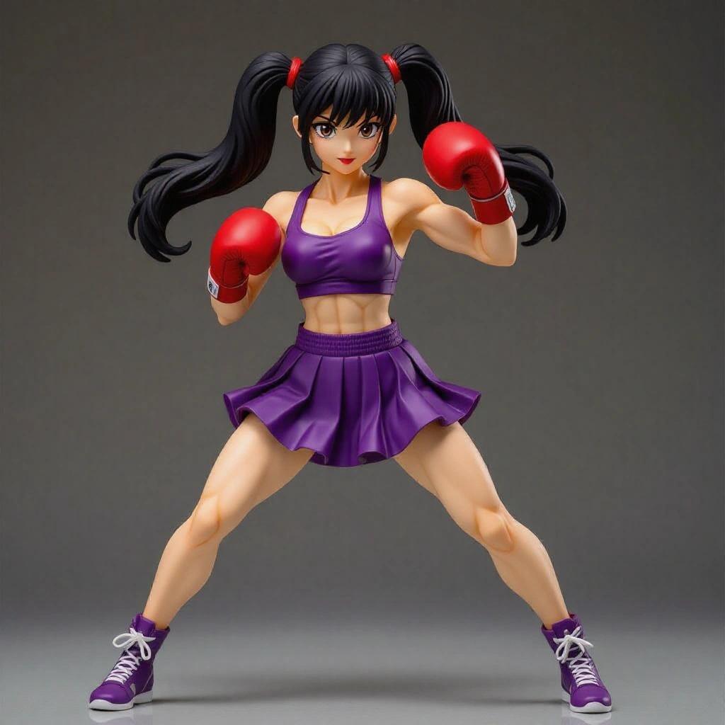 Female resin figure inspired by anime boxing themes. Muscular young woman with strong body and feminine features. Wears red boxing gloves and a purple sports outfit. Poised in a fighting stance, hair in pigtails. Smooth base resembling a ring floor with decorative elements. Designed for resin production.