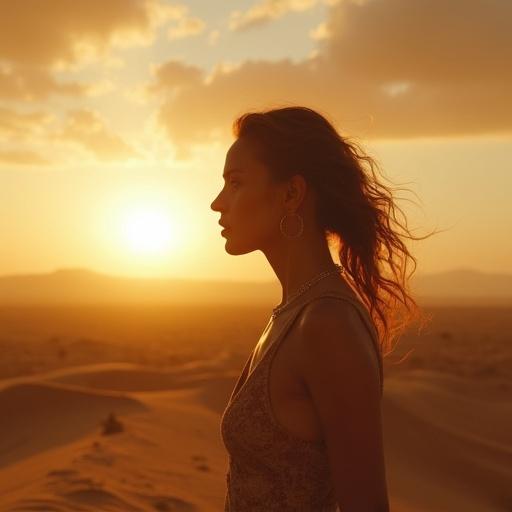 Single woman in a desert during sunset. Golden light highlighting her features. Expression shows crying yet hopeful emotions. Realistic art style with cinematic quality. Dramatic sky with soft clouds in the background.