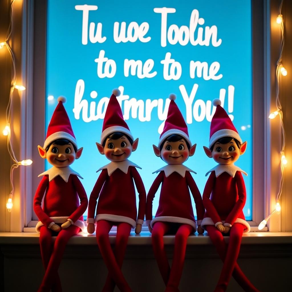 Image of four cheerful elves sitting on a window ledge. Each elf is dressed in red outfits and pointy hats. Behind them, a glowing blue backdrop displays playful text. The text reads 'Tu uoe Toolin to me hiatmry You!' in an inviting font. The elves' expressions radiate joy. Decorative string lights enhance the festive atmosphere.