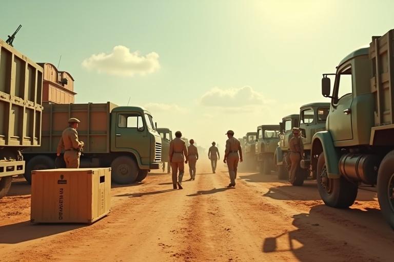 3D scene of a 1950s Indian military base under bright daylight. Soldiers unloading crates of foreign weapons and equipment. Old-fashioned trucks and outdated technology. Hopeful horizon where scientists in small lab work on indigenous designs. Vibrant colors of dusty browns and military greens.