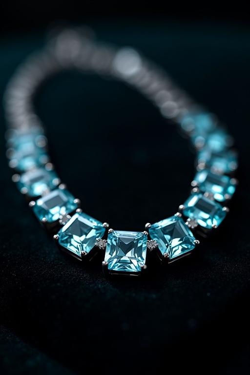 Hyper-realistic image of a luxury aquamarine tennis necklace on black velvet. Features 35 square cushion-cut aquamarines in prong setting. Vivid teal-blue stones with excellent clarity. Bright white platinum chain with milgrain detailing. Dramatic studio lighting from a spotlight. Close-up macro shot with blurred clasp. Subtle lens flare and dew drop on the necklace. Jet-black velvet background with faint rim lighting.