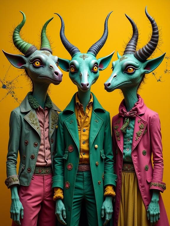 A surreal whimsical portrait of three eccentric characters with goat-like features. They wear unique outfits in shades of green, magenta, yellow, and blue. The background is bright yellow ochre and burnt sienna.