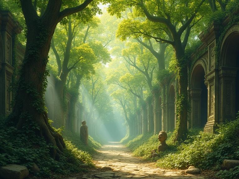 Fantasy painting depicting a verdant forest with towering trees and tangled vines. Sunlight breaks through the canopy, casting green and gold hues. Statues are visible among the ruins, overgrown with roots and foliage.