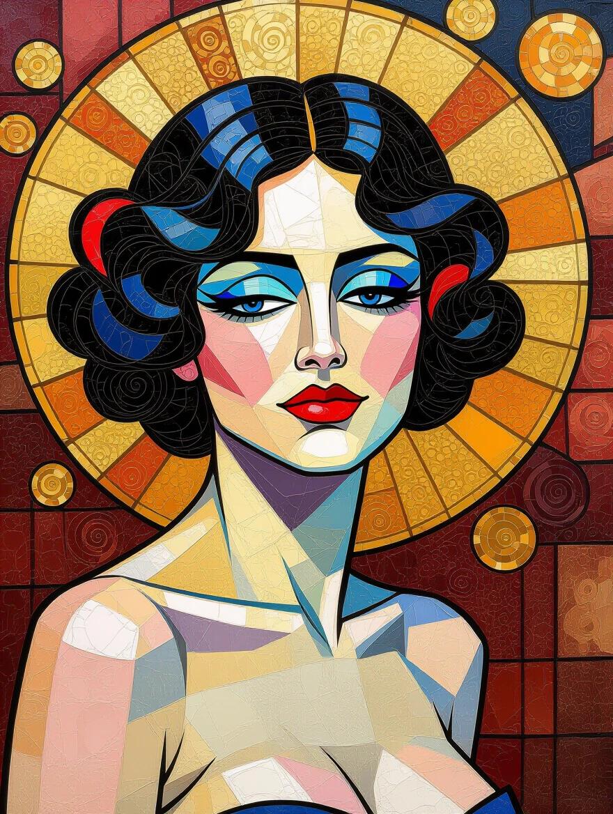 Stylized female portrait with a geometric background featuring bright colors. Influences from Art Deco and Klimt-style. An artistic representation combining digital techniques and traditional art styles.
