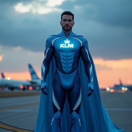 Majestic male superhero standing tall on a windswept airport runway at dusk wearing a sleek aerodynamic suit in KLM colors. The suit features a glowing KLM logo and stylized wings. Background includes planes, glowing runway lights, and a dramatic sky. Hyper-realistic cinematic lighting concept art style.