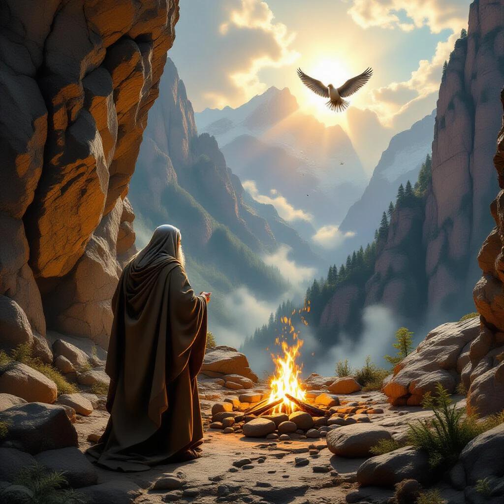 A hyper-realistic scene depicting Abraham's faith tested by God. The image shows Abraham in a mountain landscape near a fire, with an angel above him. High definition, 8K rendering.