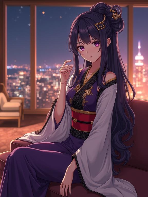 Full-body view of a beautiful anime-style lady with dark violet hair styled in an elegant updo. She has violet eyes and a calm expression. Wears a luxurious kimono with white sleeves and golden patterns over a black base, tied with a red obi. Sitting on a luxurious sofa in a lounge with a panoramic city view. The atmosphere is sophisticated and inviting at night.