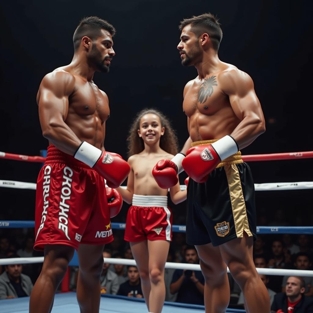 Two male boxers stand in a boxing ring. A young girl walks between them. Match about to start. Boxers wear gloves and shorts. Intense atmosphere around them.