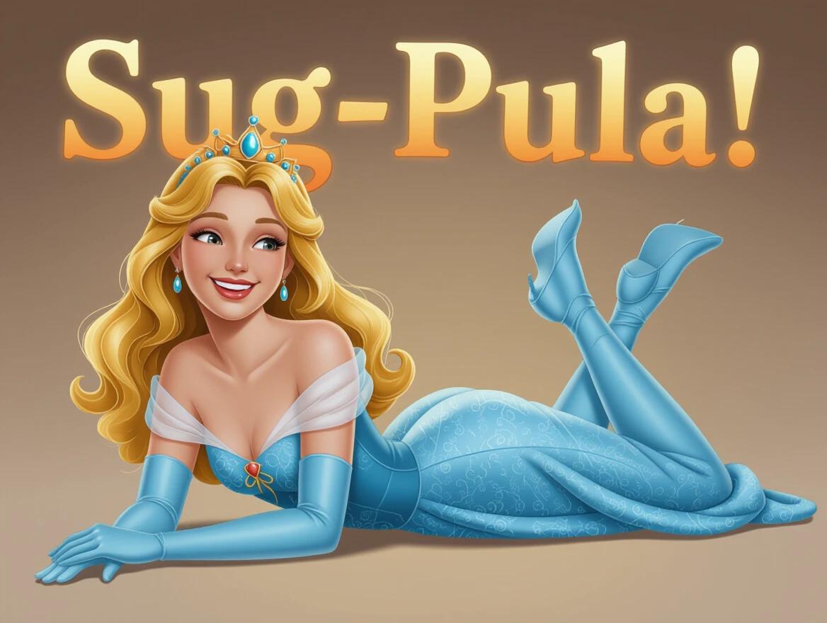 A full-body image of a smiling princess lying on the back. Princess has long blonde hair and is wearing a blue dress with gloves. The background features a warm gradient. The text 'Sug-pula!' appears prominently.